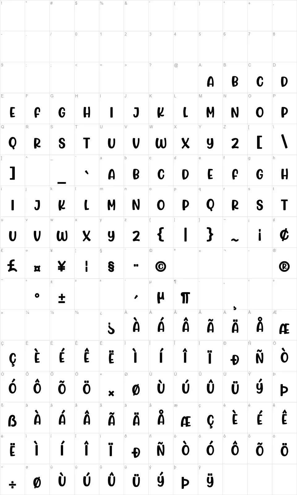 Jumping Unicornfont character map