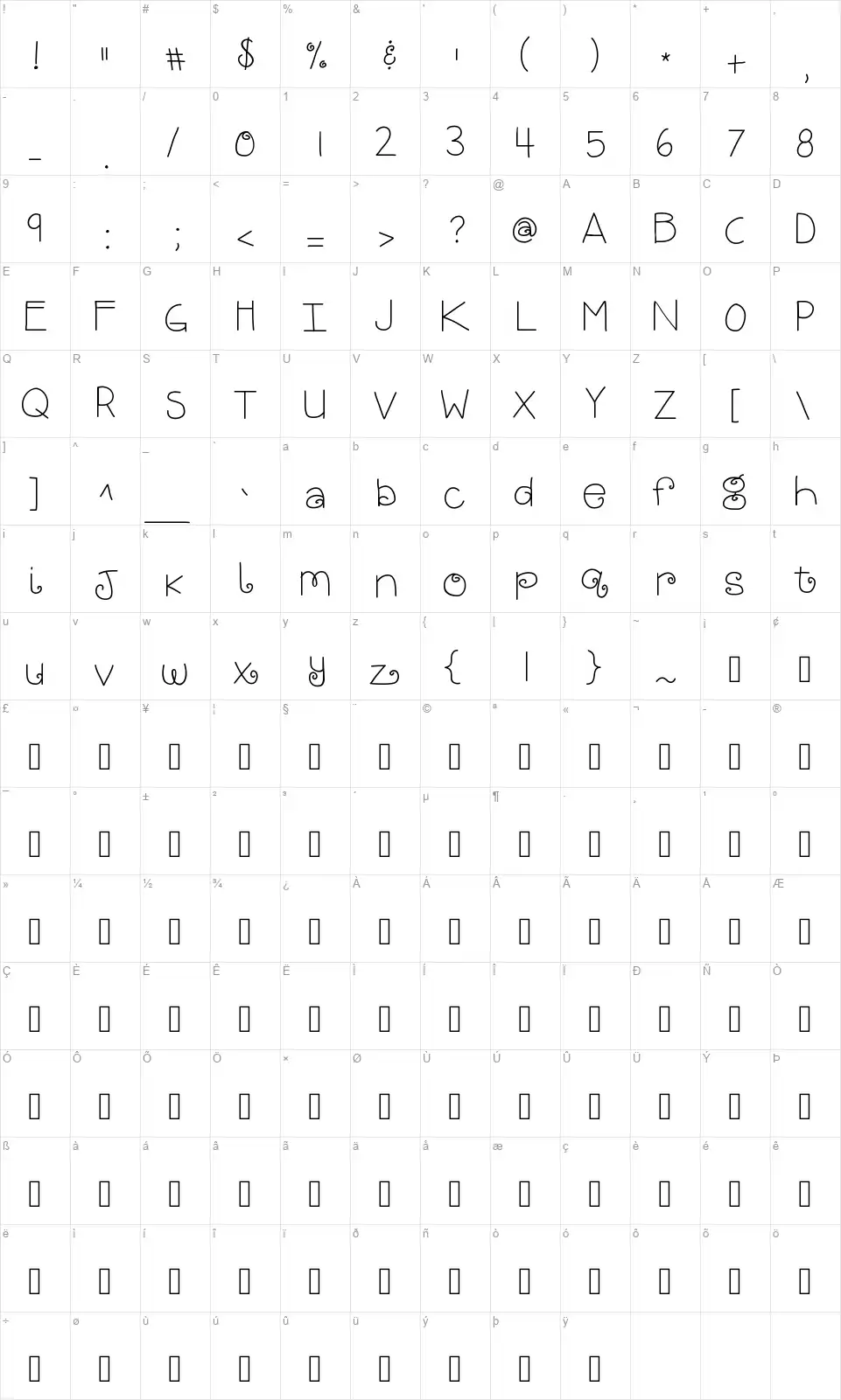 KB Bright and Merryfont character map