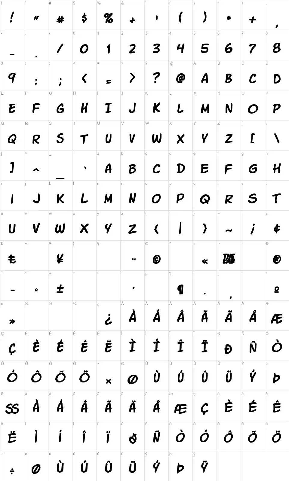 Komika Slick + Slimfont character map