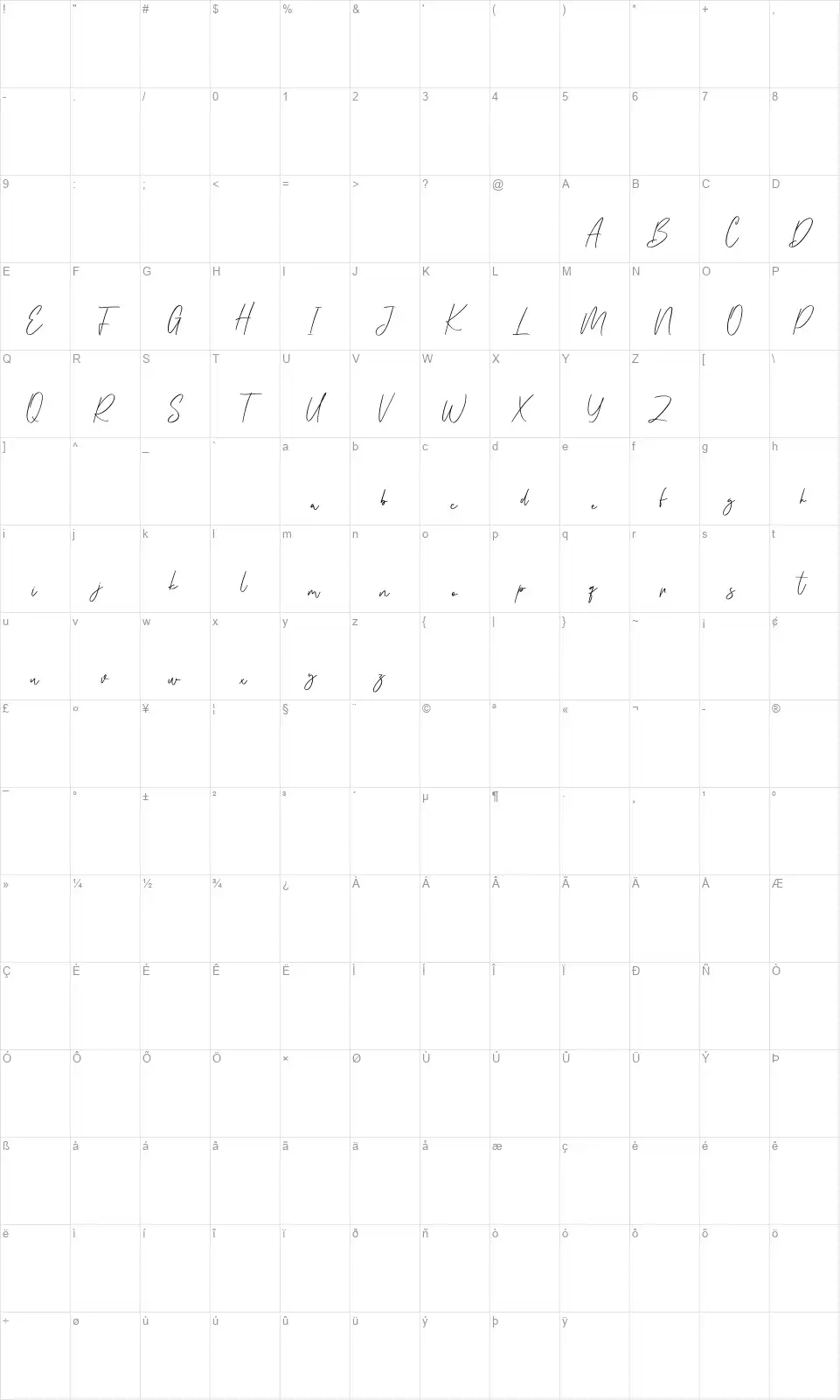 Kristaflyfont character map