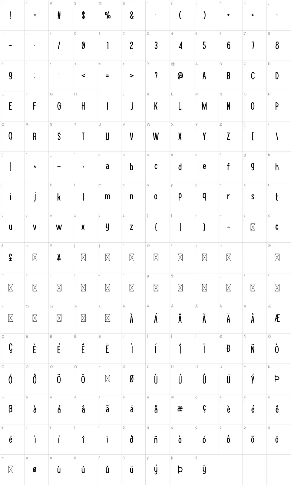 Lieder Karakter haritası Liederfont character map