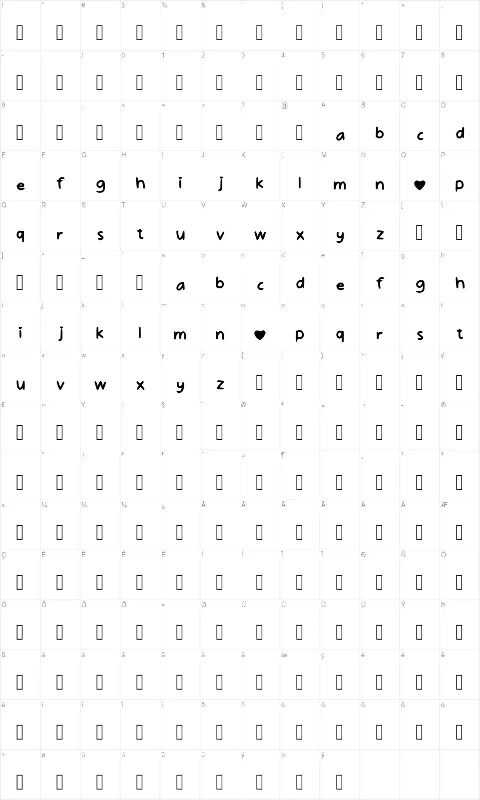 Love In The Skyfont character map