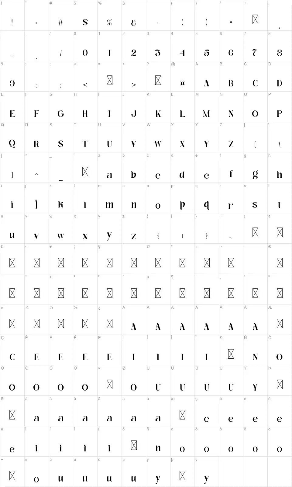 Magazine Type Facefont character map