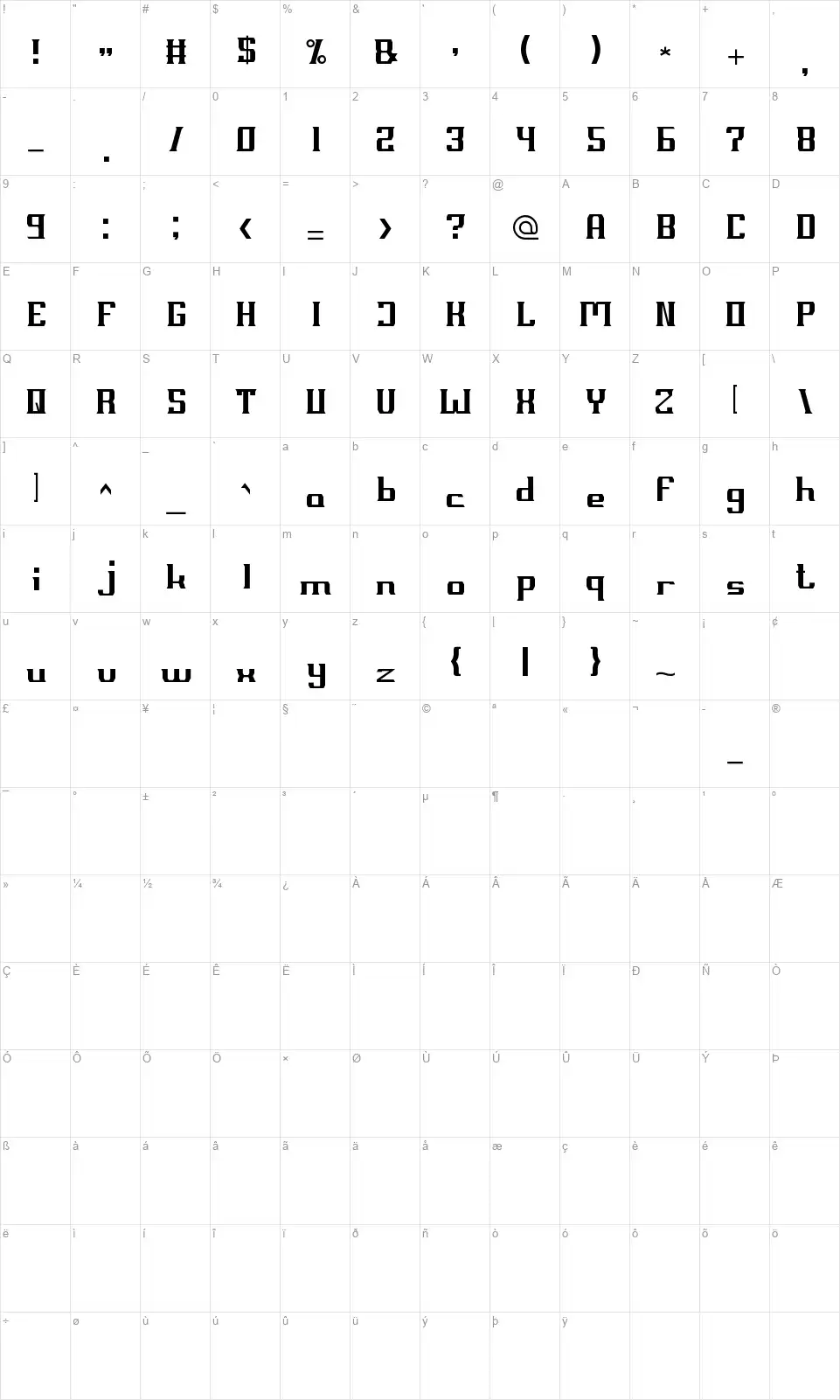 Millenium 3font character map