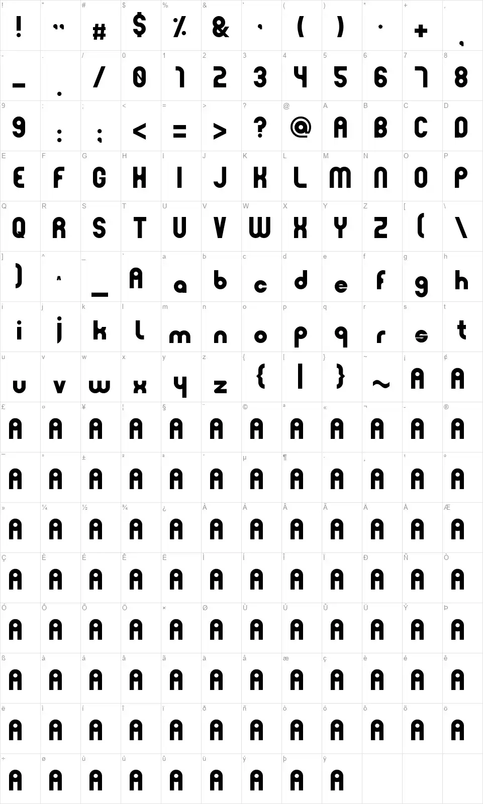 Minimoonfont character map