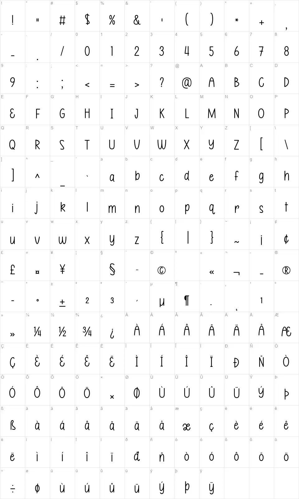 Monday Rainbowfont character map