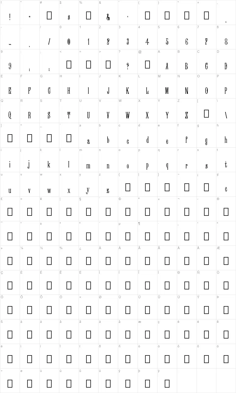 Morningside Karakter haritası Morningsidefont character map