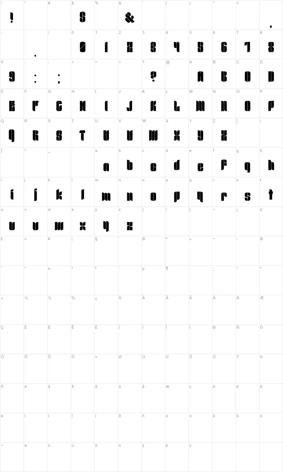 Mr.B Dull Karakter haritası Mr.B Dullfont character map