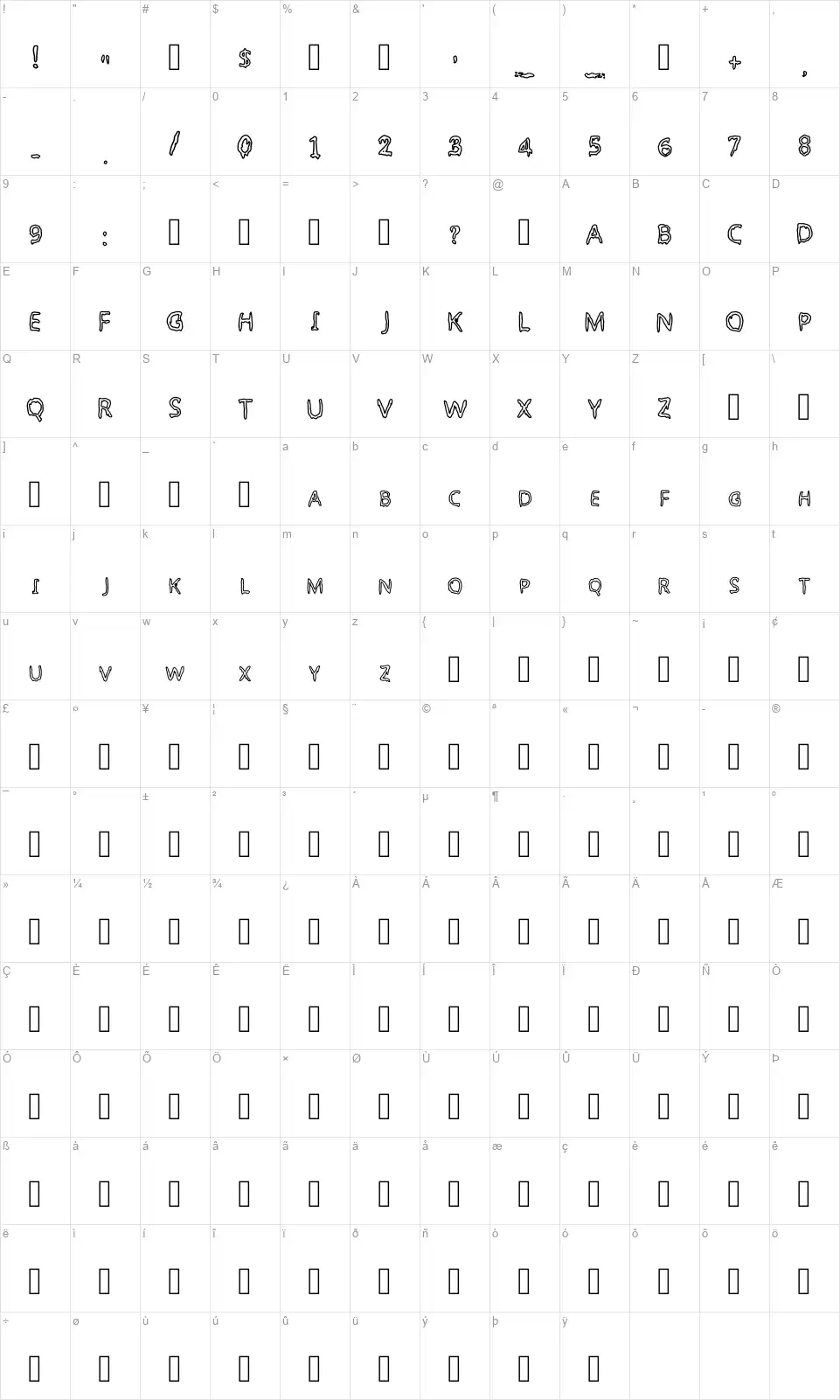 My Font Is Slimeyfont character map