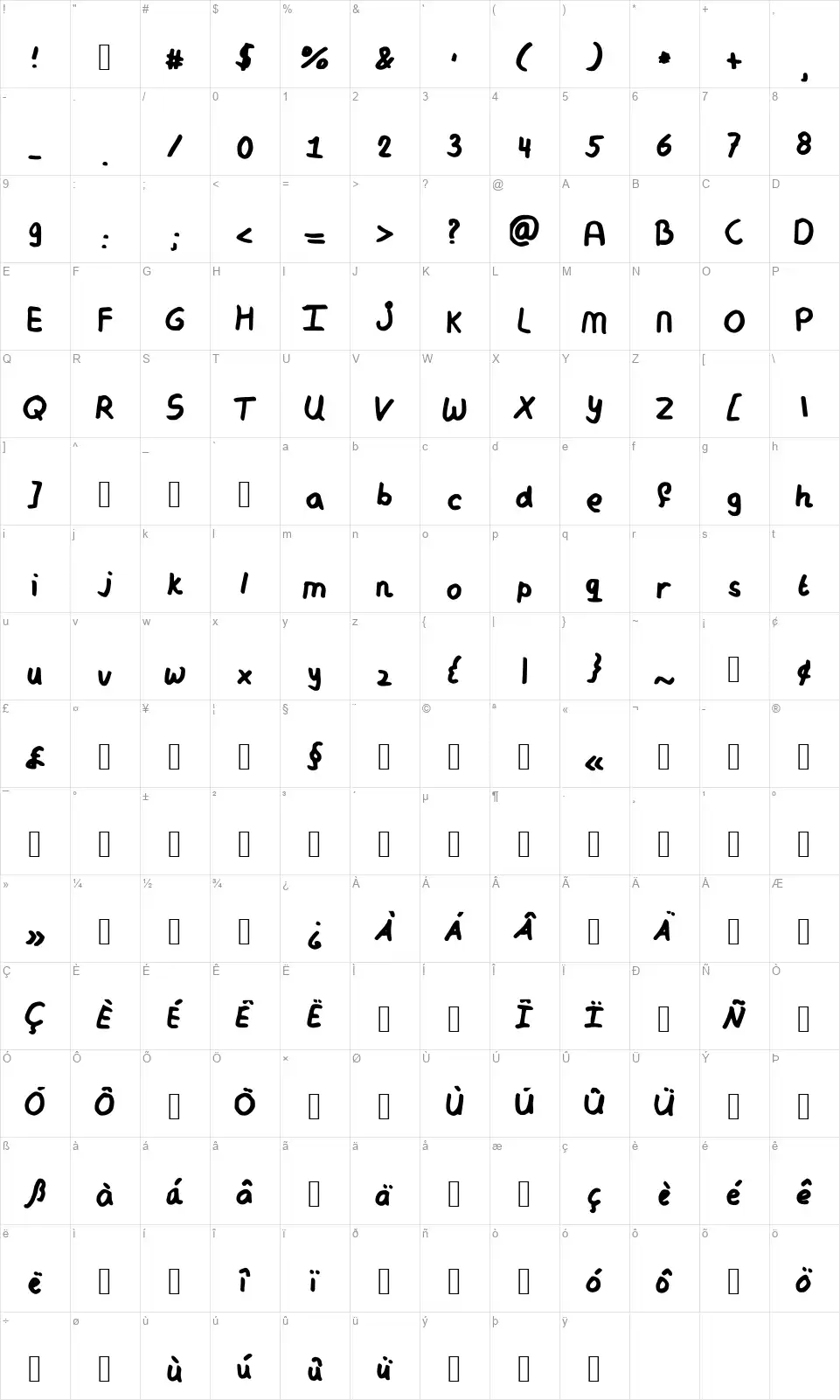 My Messy Handwritingfont character map
