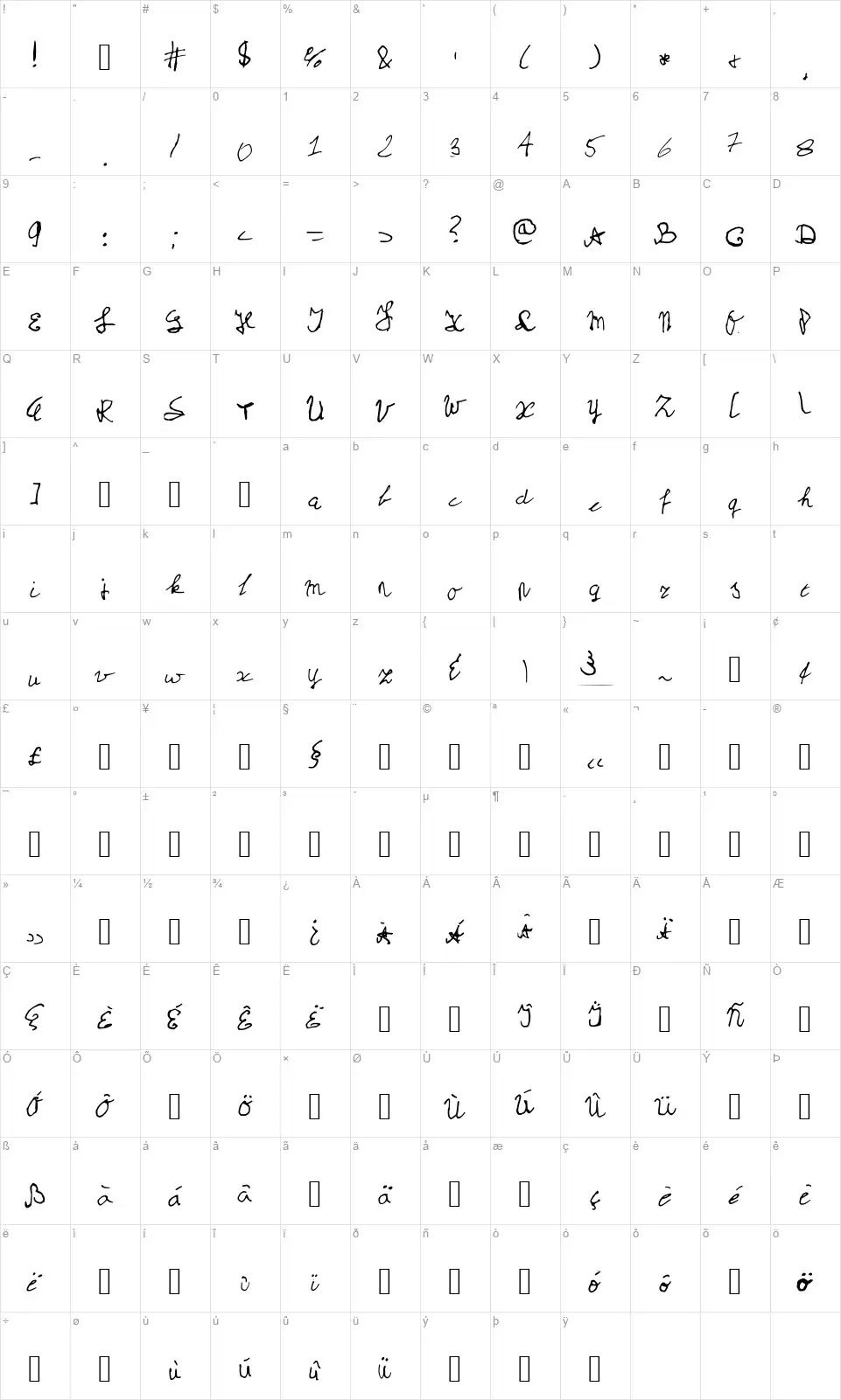 My School Handwritingfont character map
