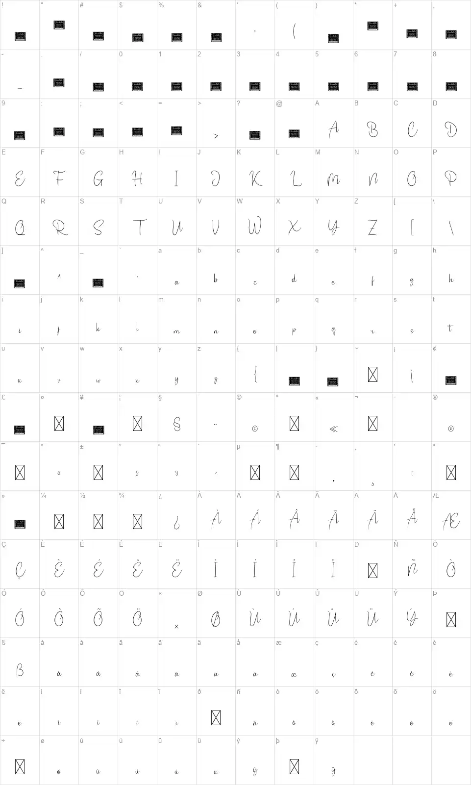 Nettallyfont character map