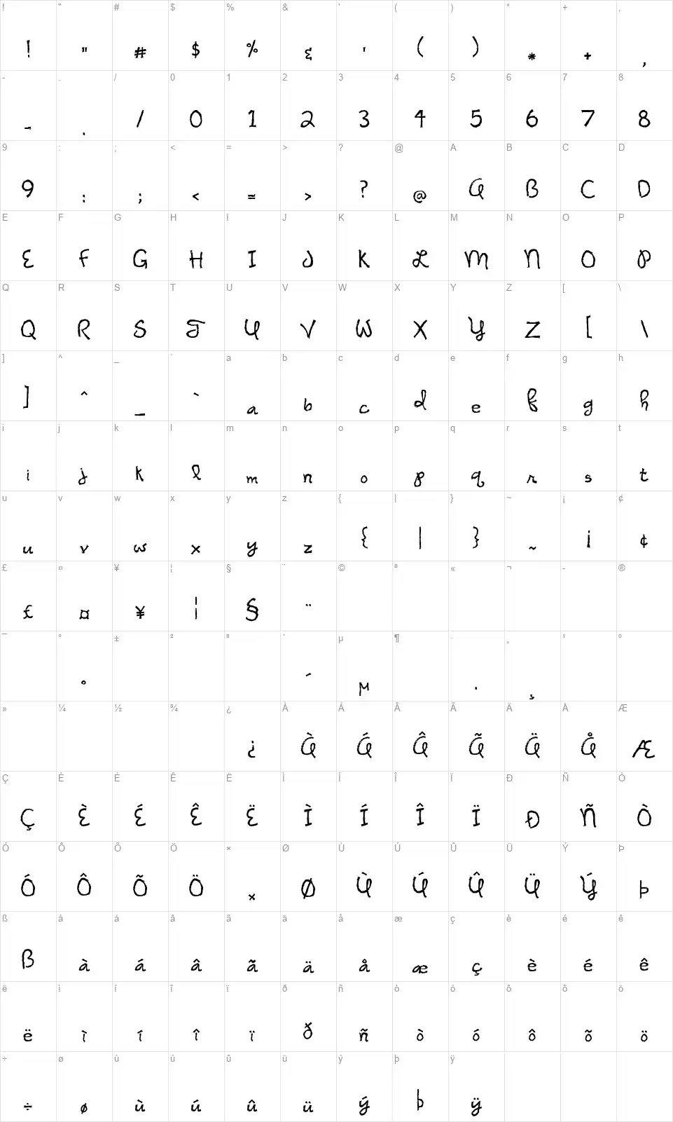 Night of the Firefliesfont character map