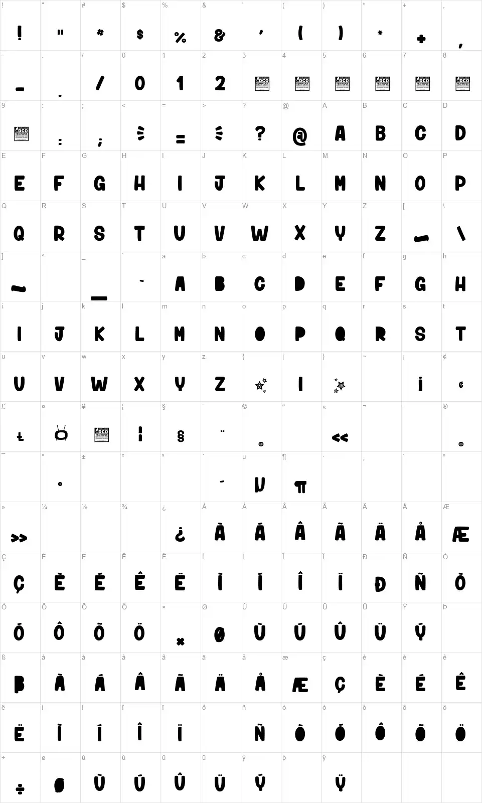Niktalopefont character map
