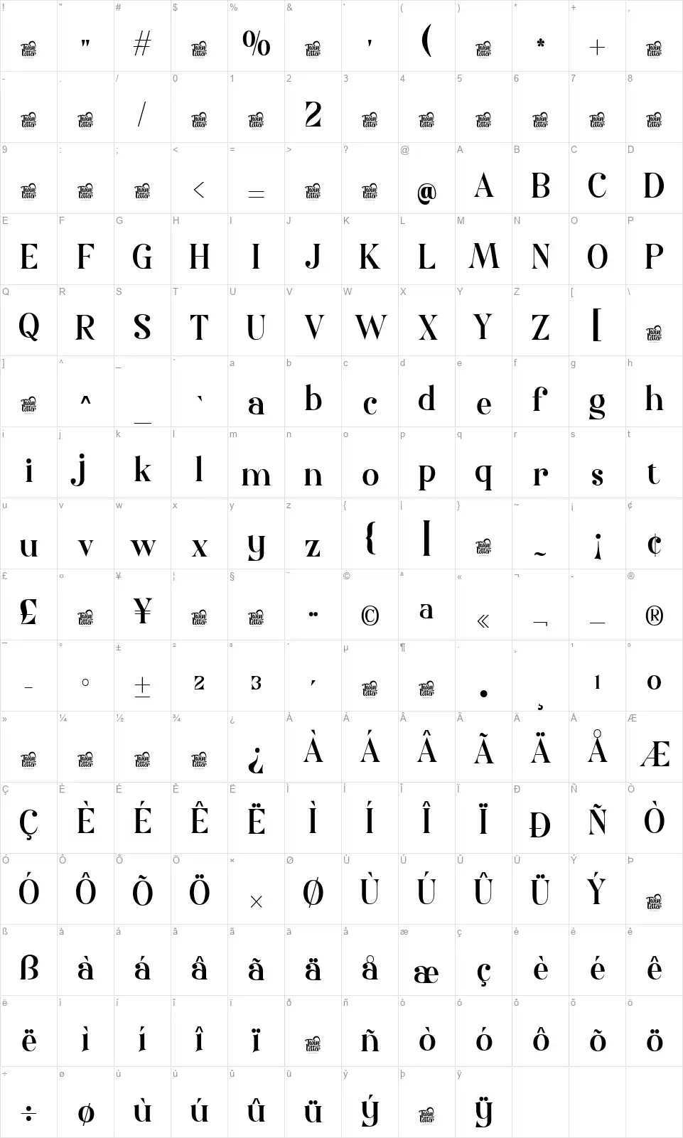 Nolatenfont character map