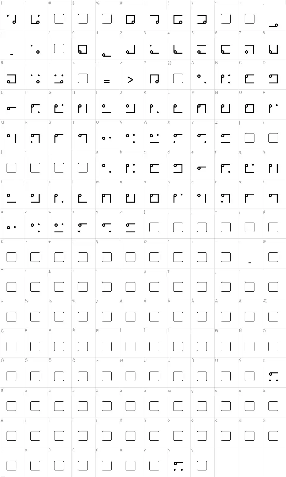 Nyctographicfont character map