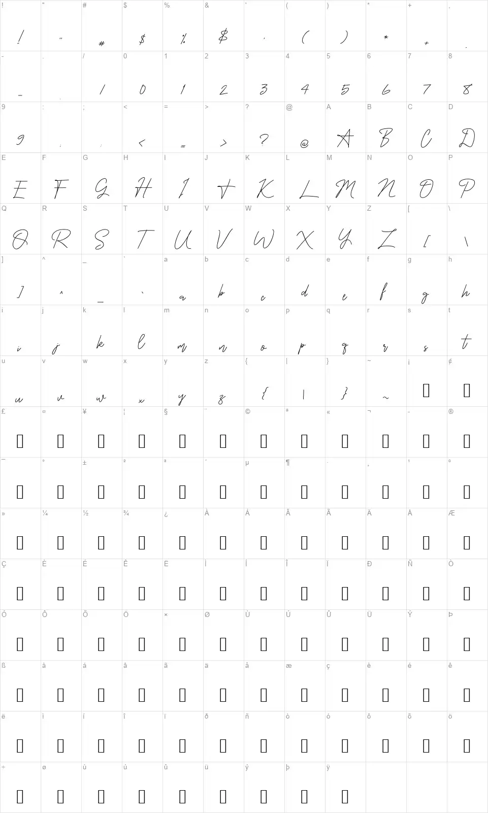 One silver Signaturefont character map