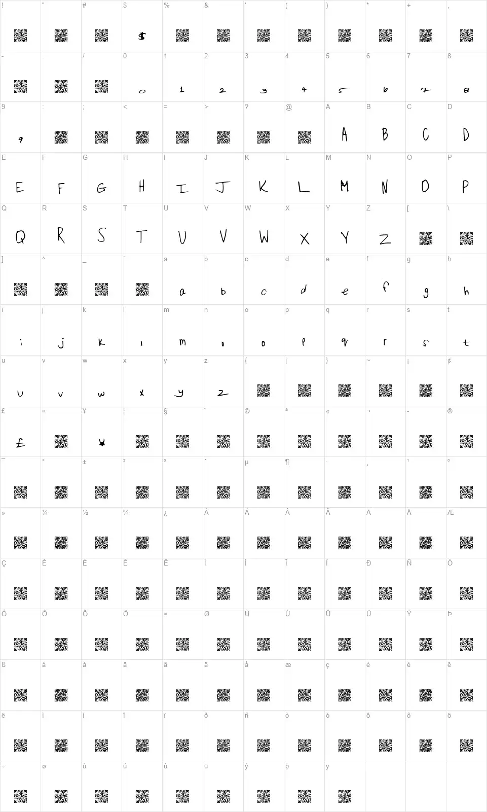 Open Hatchfont character map