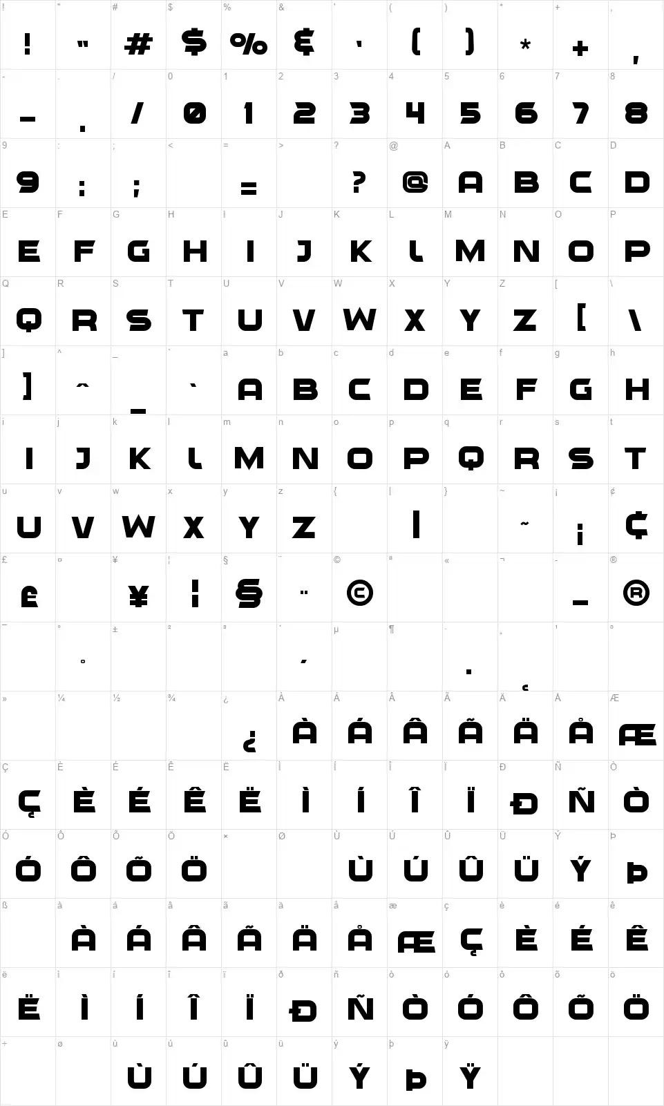 Outlierfont character map