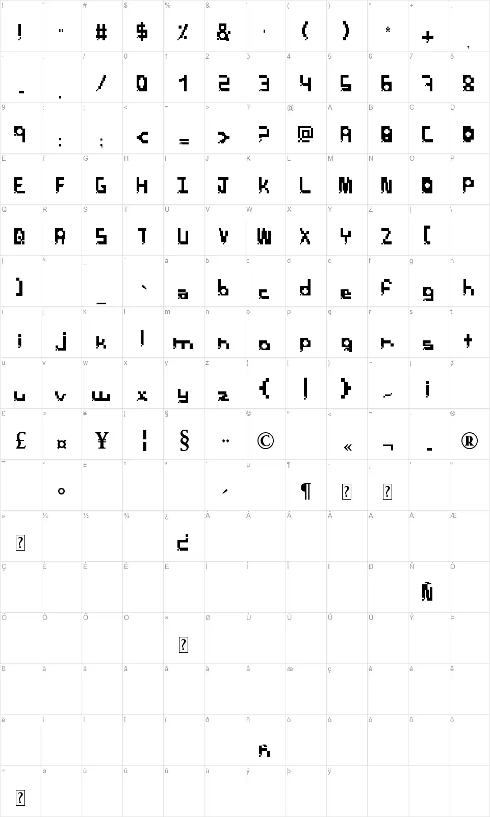 Pixel Breackfont character map