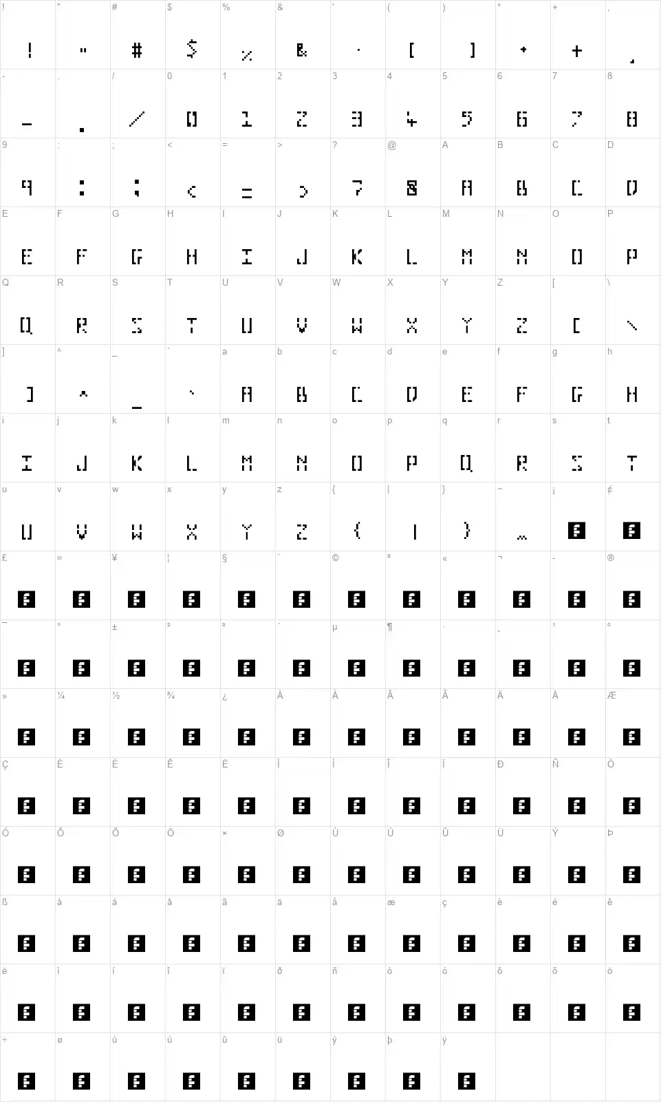 Pixelholefont character map