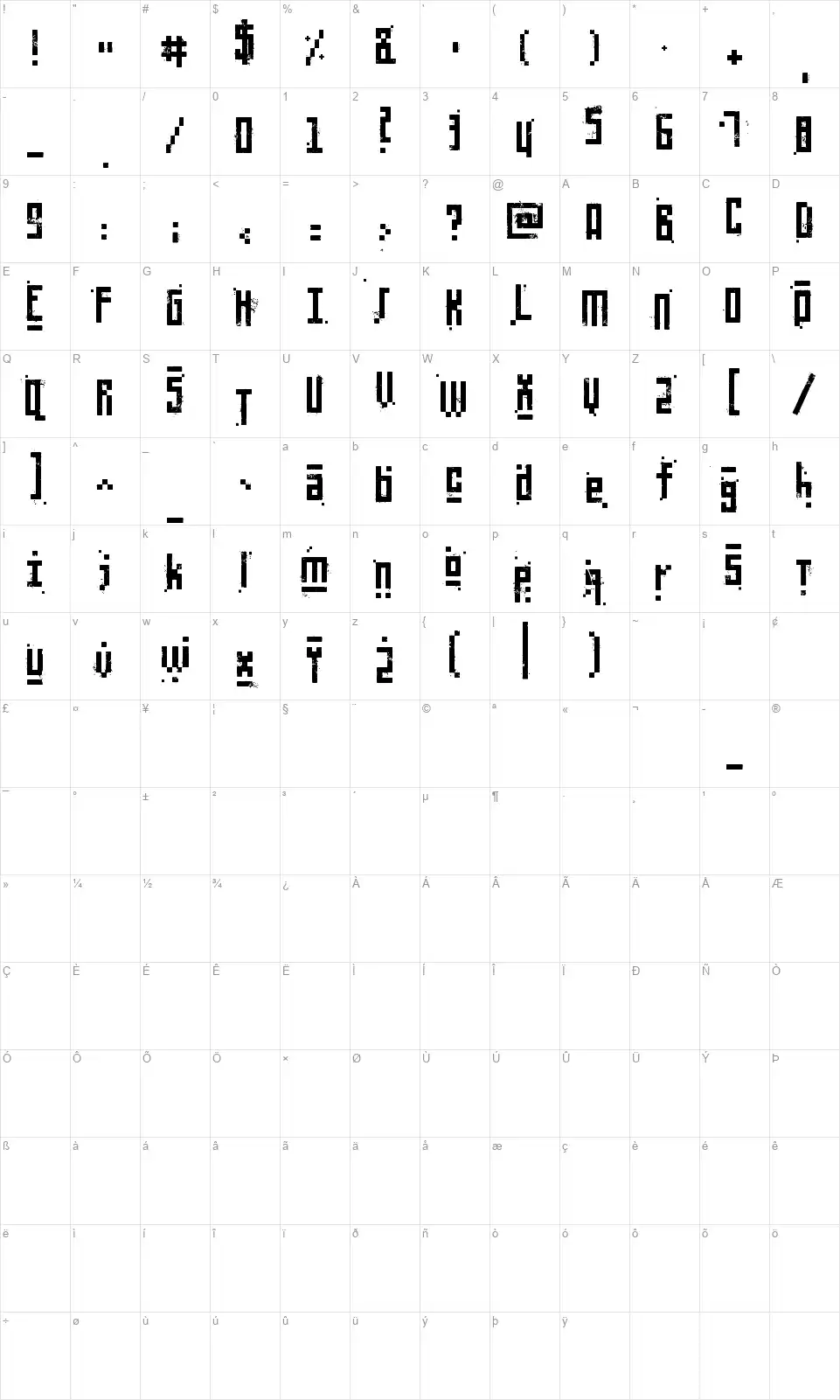 Pixelic Warfont character map
