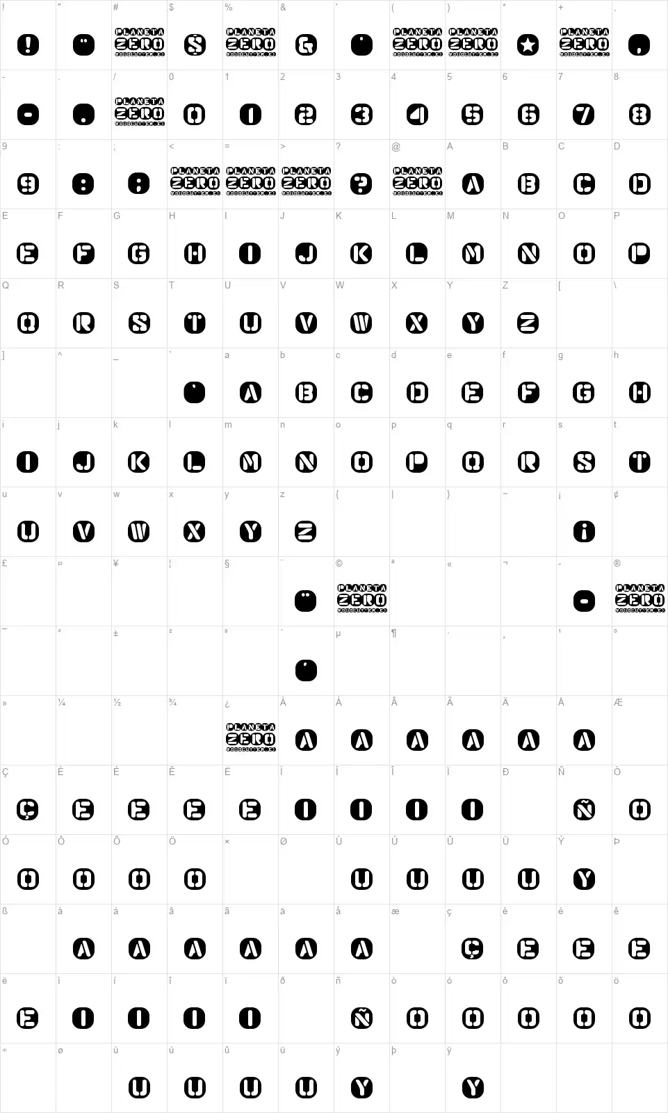 Planeta Zerofont character map