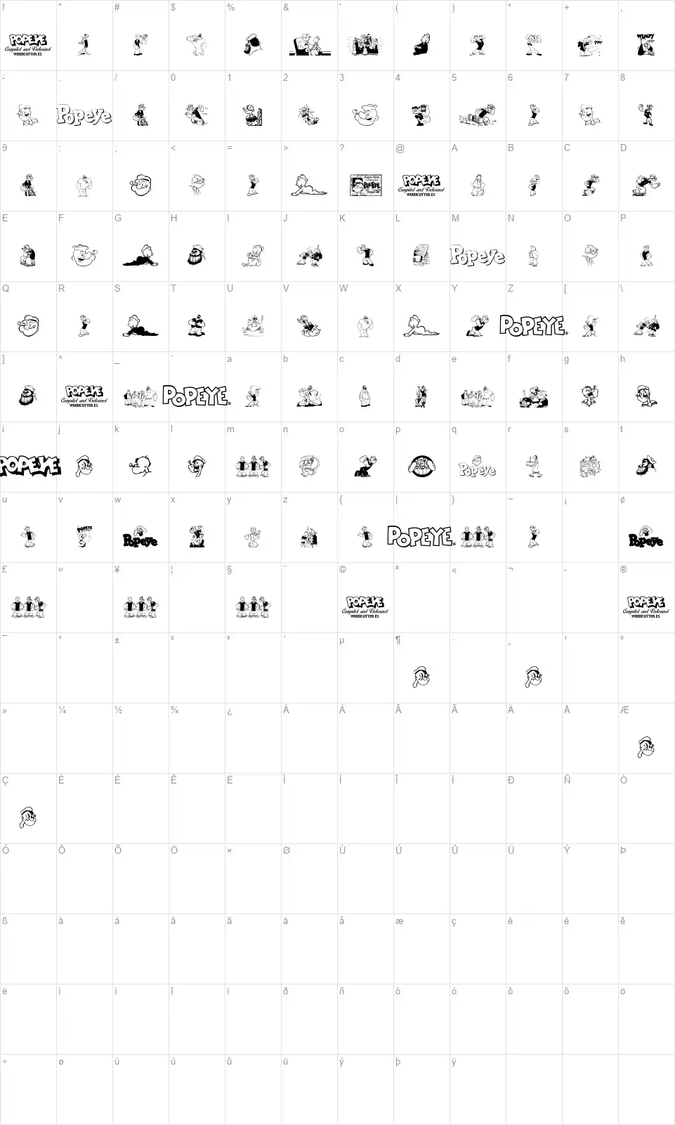 Popeyefont character map