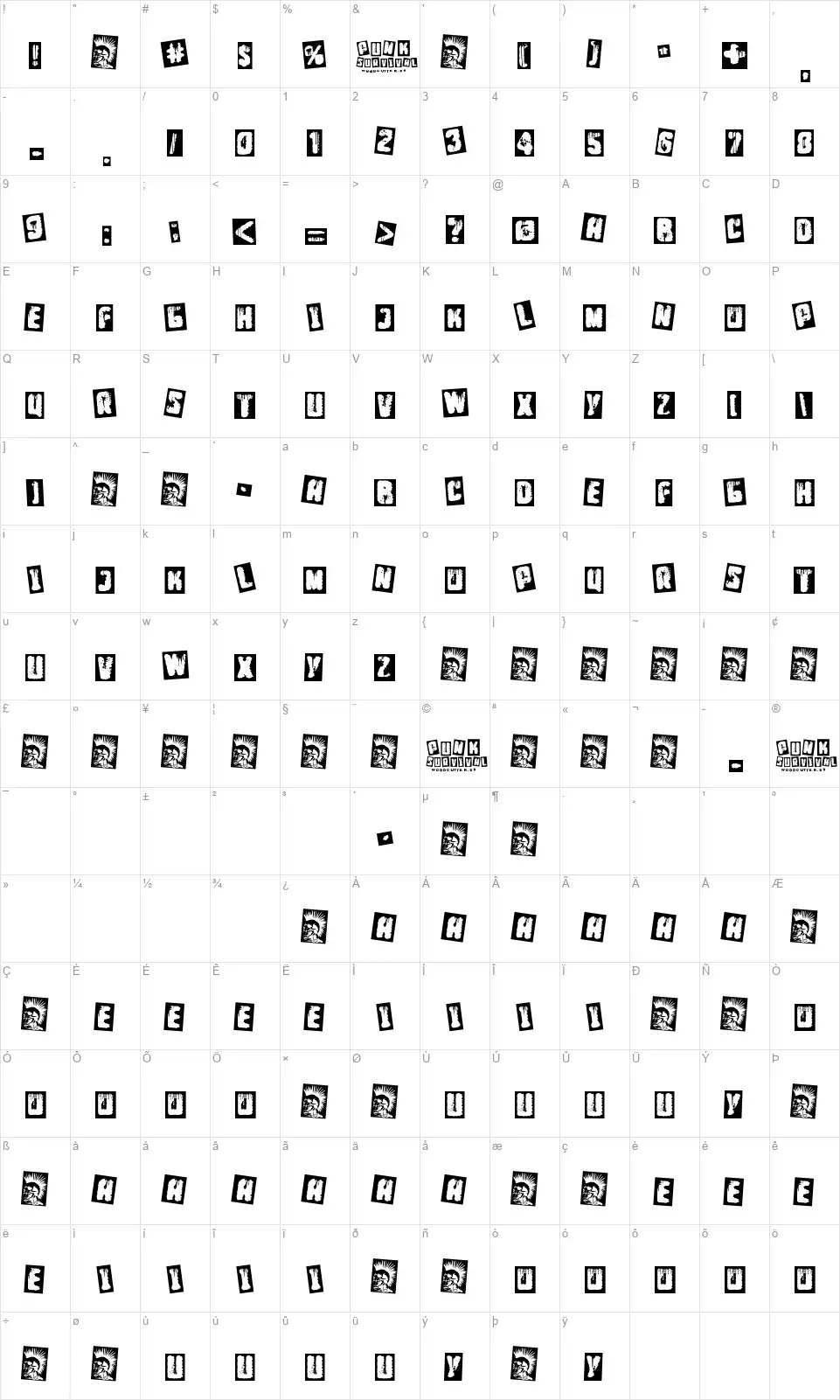 Punk Survivalfont character map