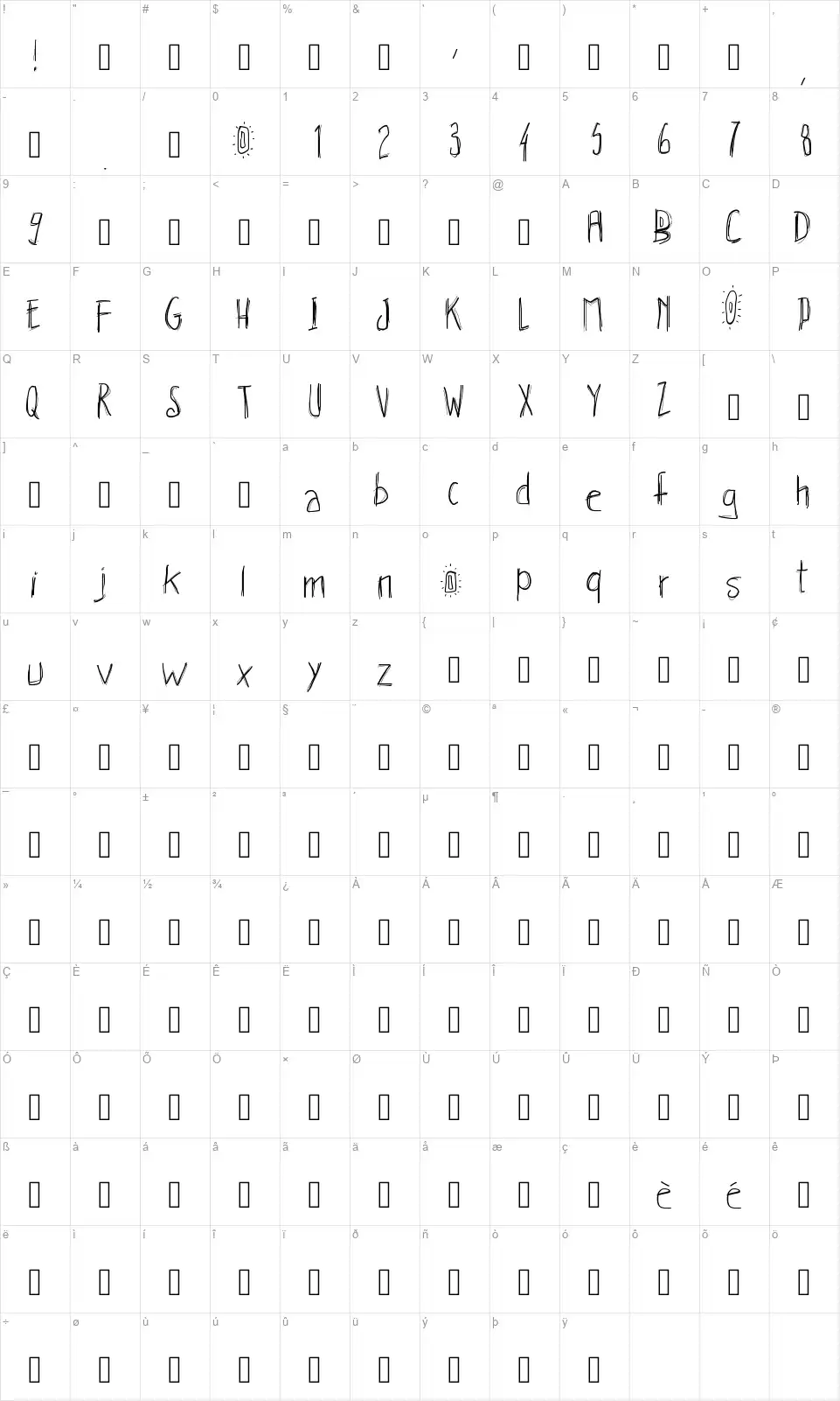 PW Hachuresfont character map