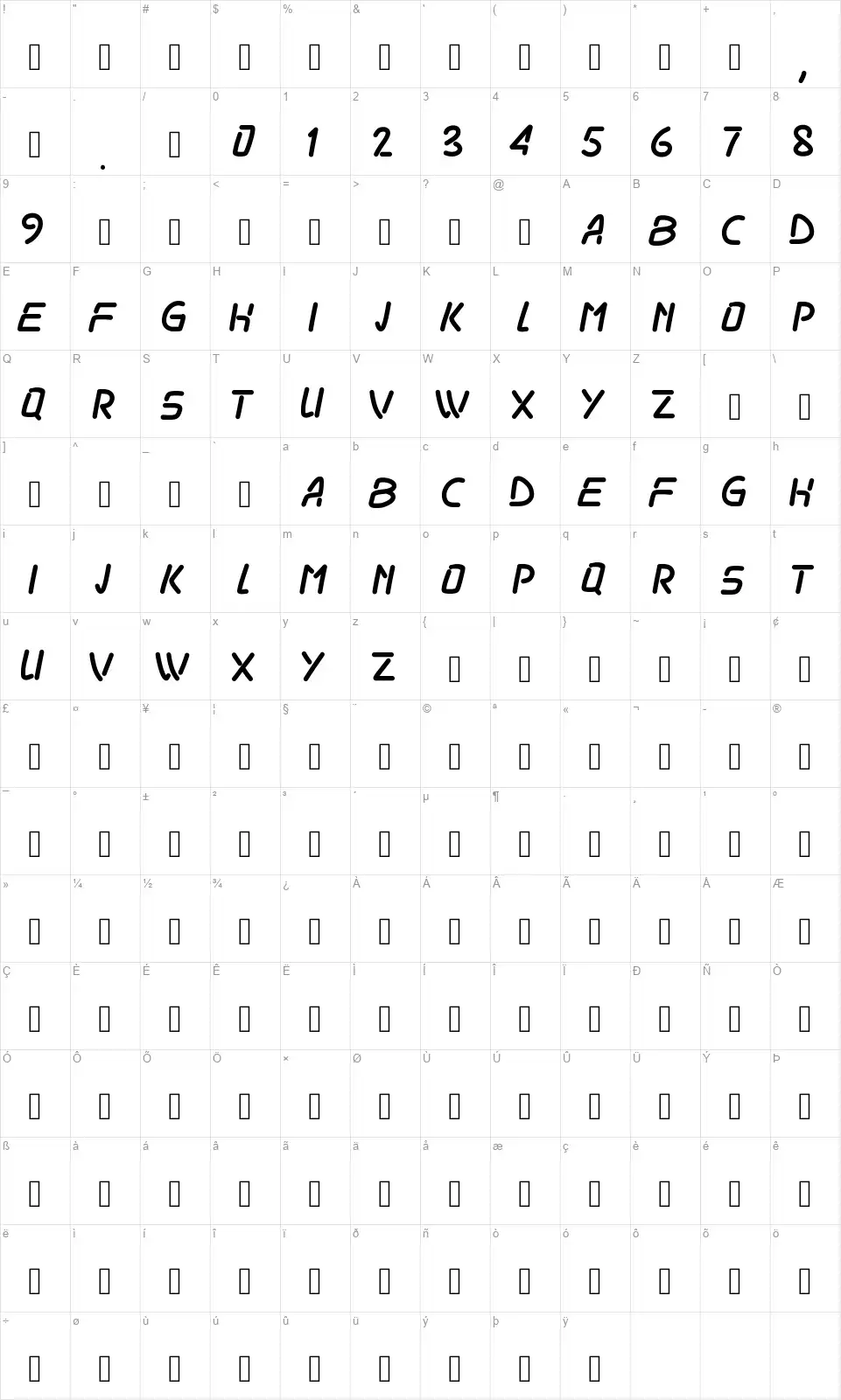 PW Odisseyfont character map