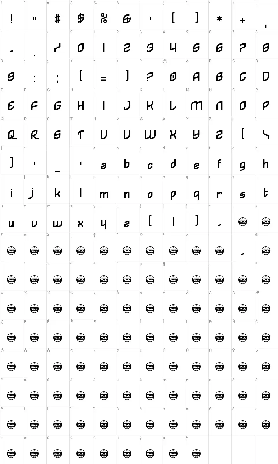 Reflecquesfont character map