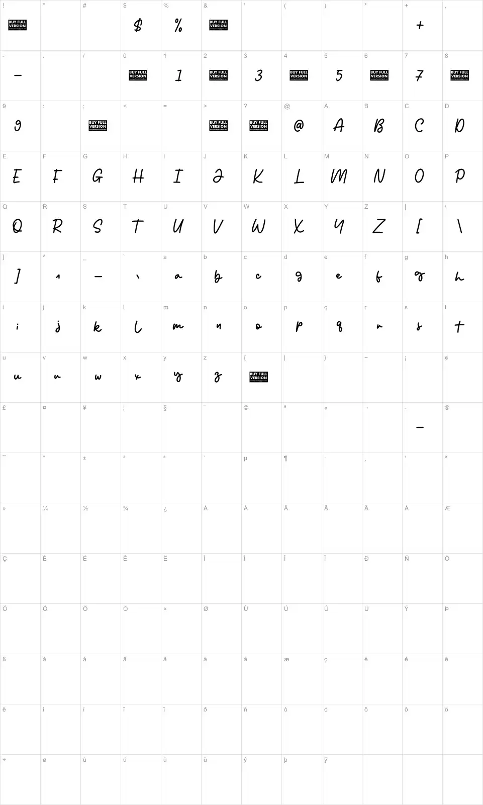 Reileight Winterlane Karakter haritası Reileight Winterlanefont character map