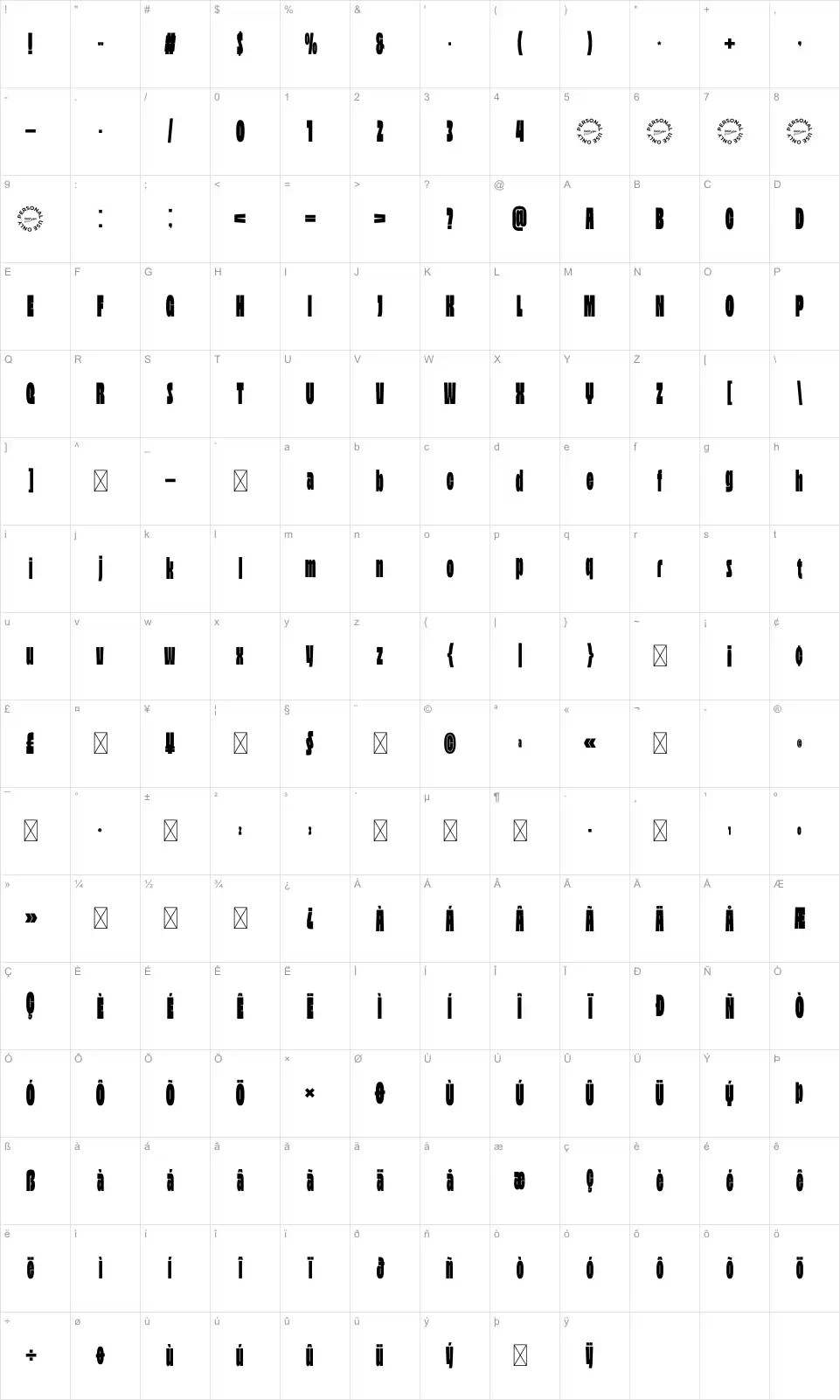 Revoid Karakter haritası Revoidfont character map