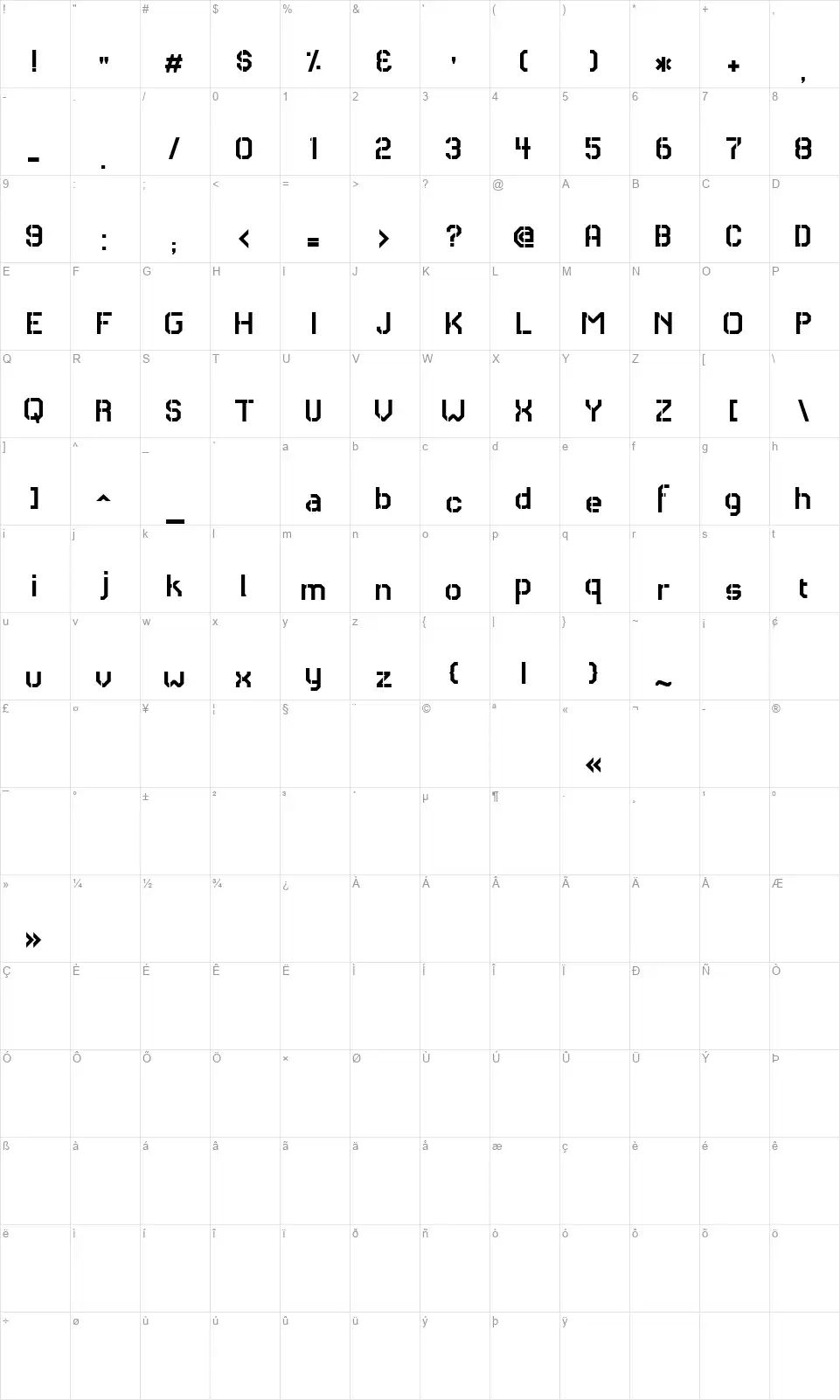 RH Carrier Stencilfont character map