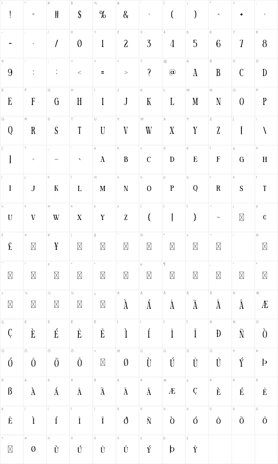 Sarasech Karakter haritası Sarasechfont character map