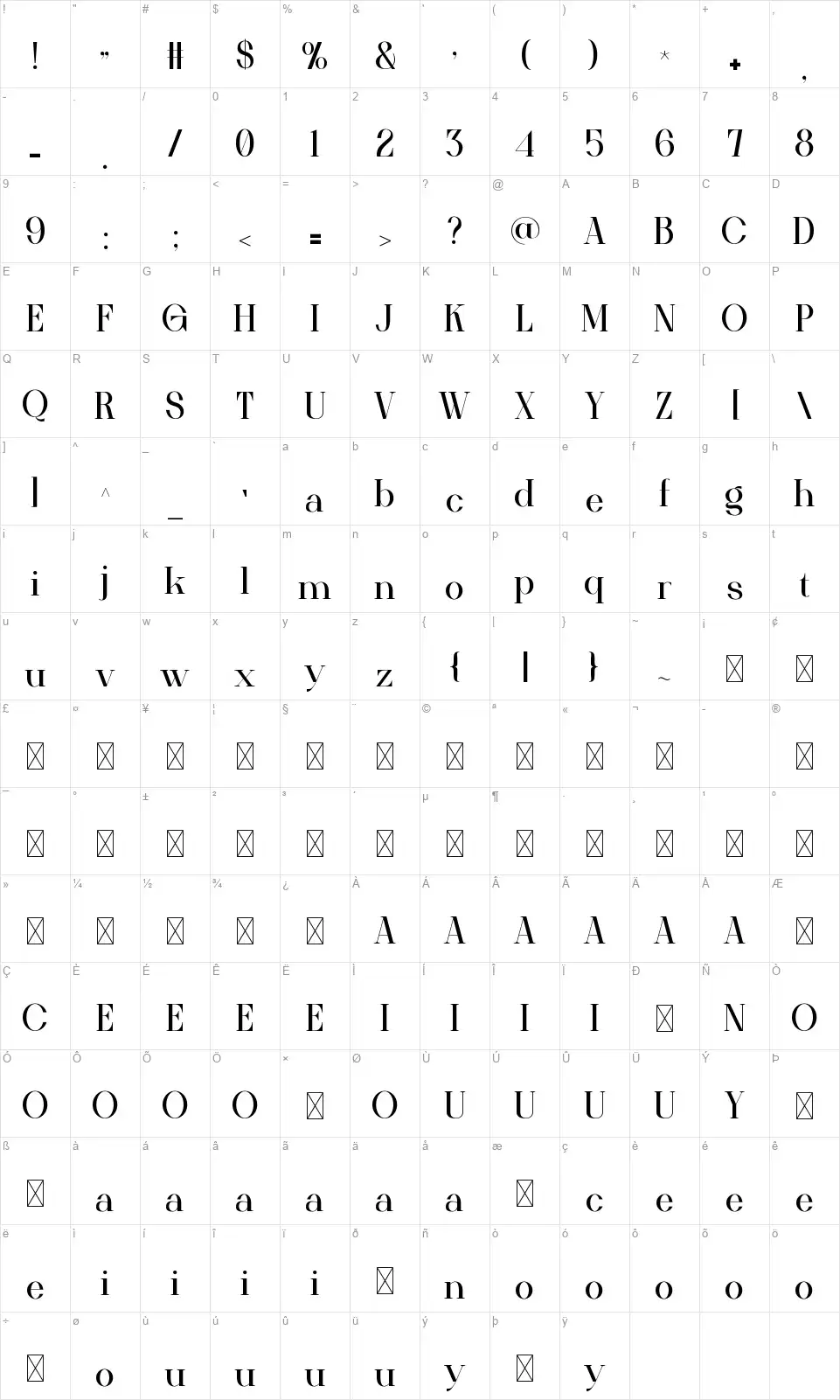 Satisfy Karakter haritası Satisfyfont character map