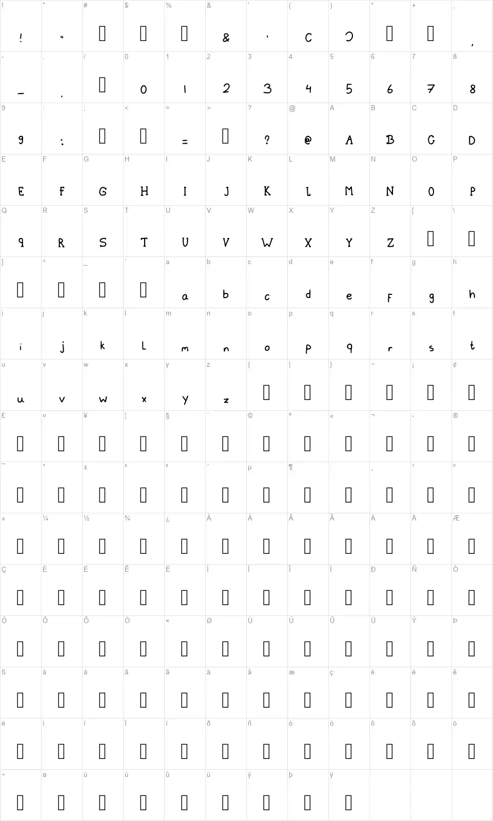 Schoolworkfont character map