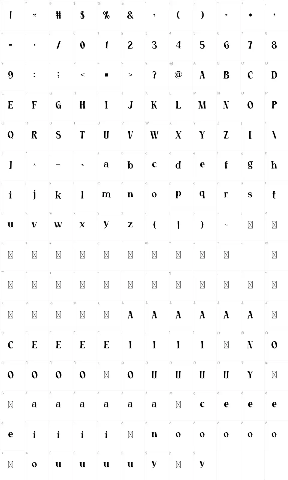 Selvina Karakter haritası Selvinafont character map