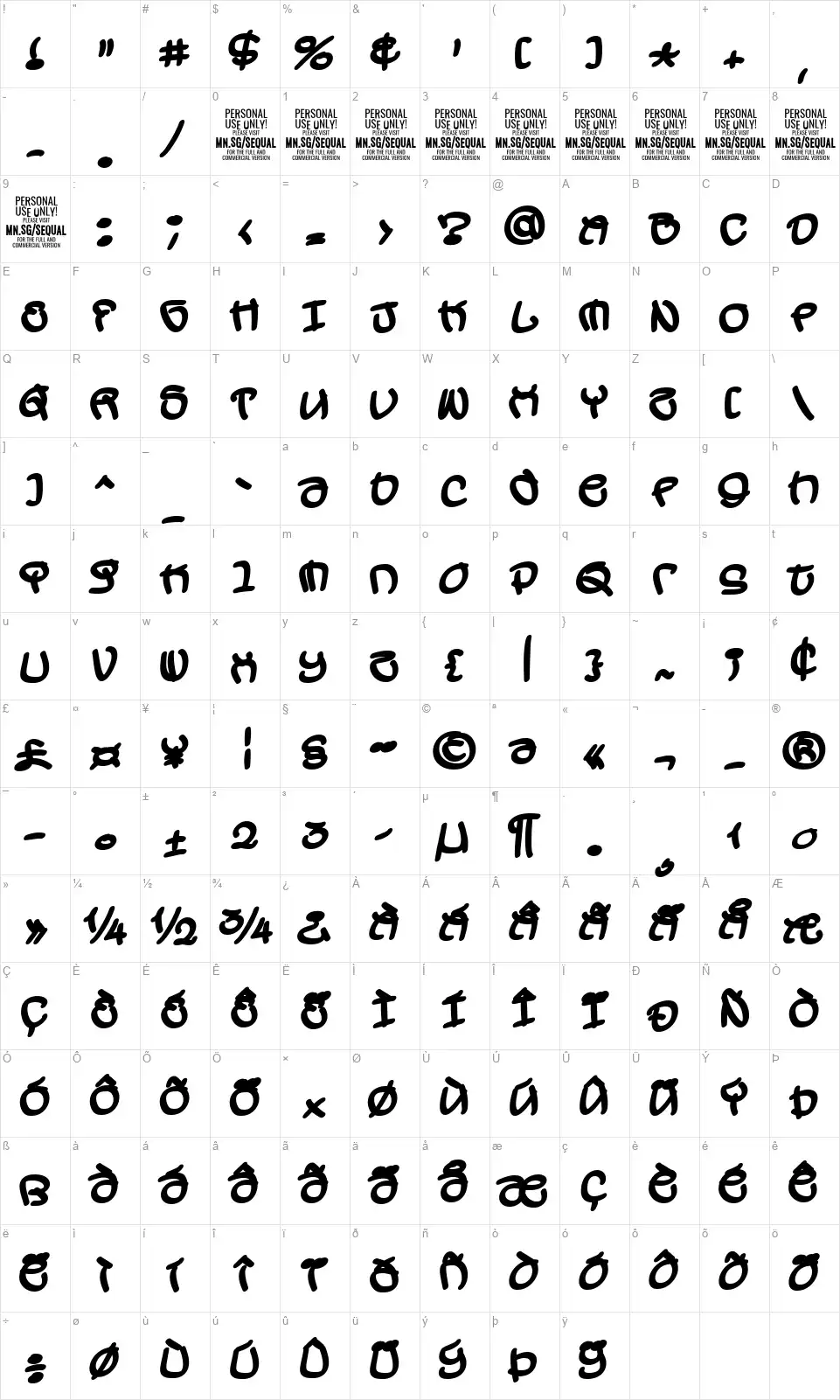 Sequalfont character map