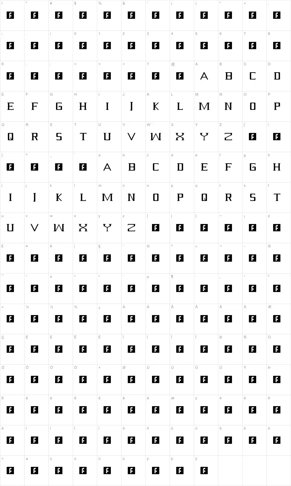 Serif Karakter haritası Seriffont character map