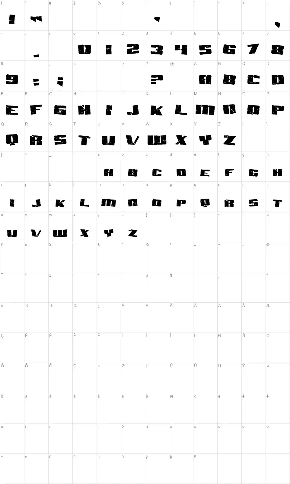 SF Aftershock Debrisfont character map
