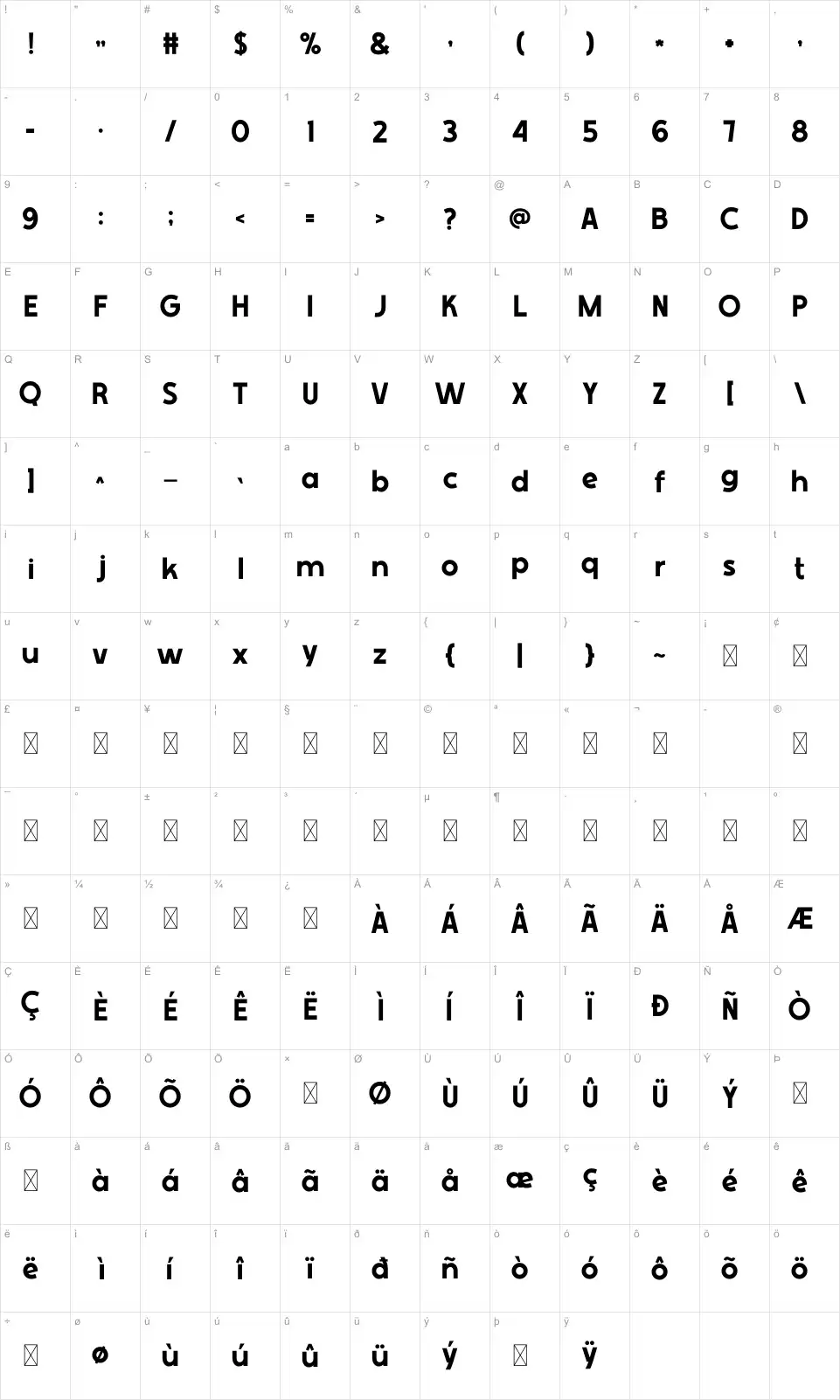 Shick Karakter haritası Shickfont character map