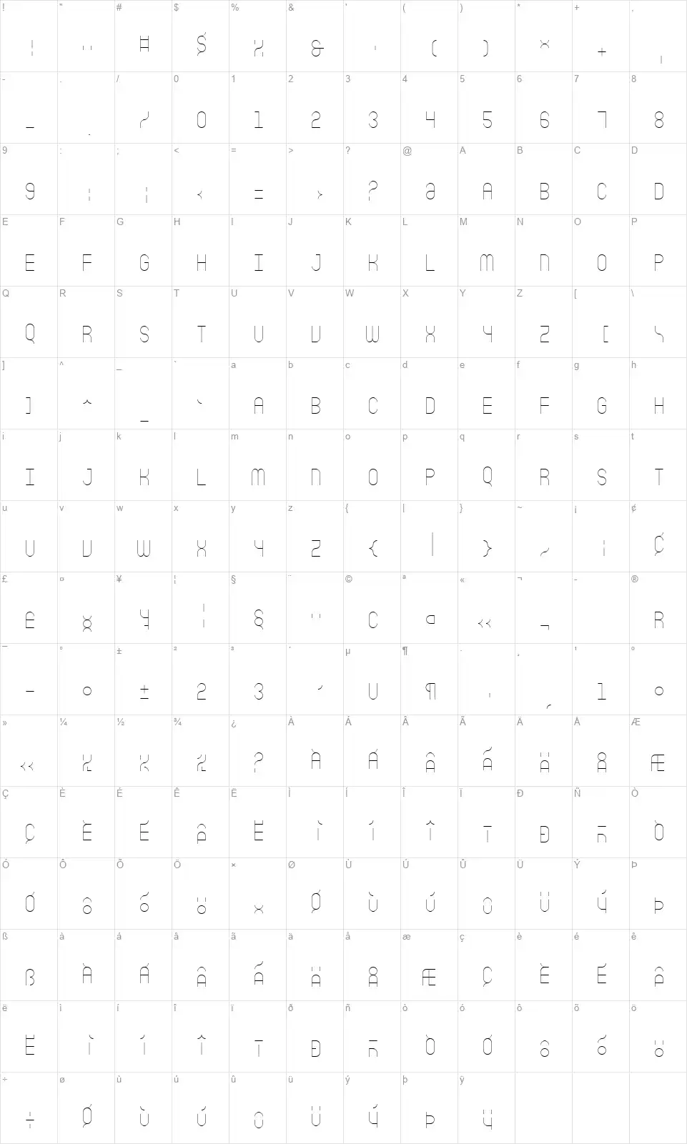 Sicret Monofont character map