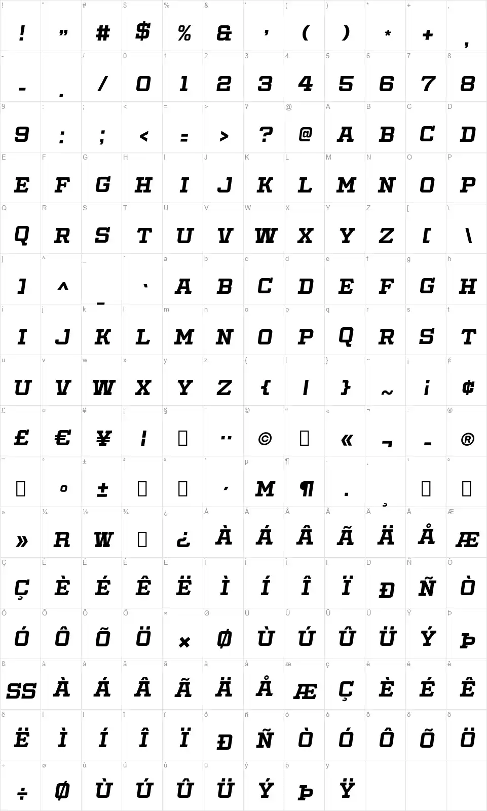 Slabby Pricesfont character map