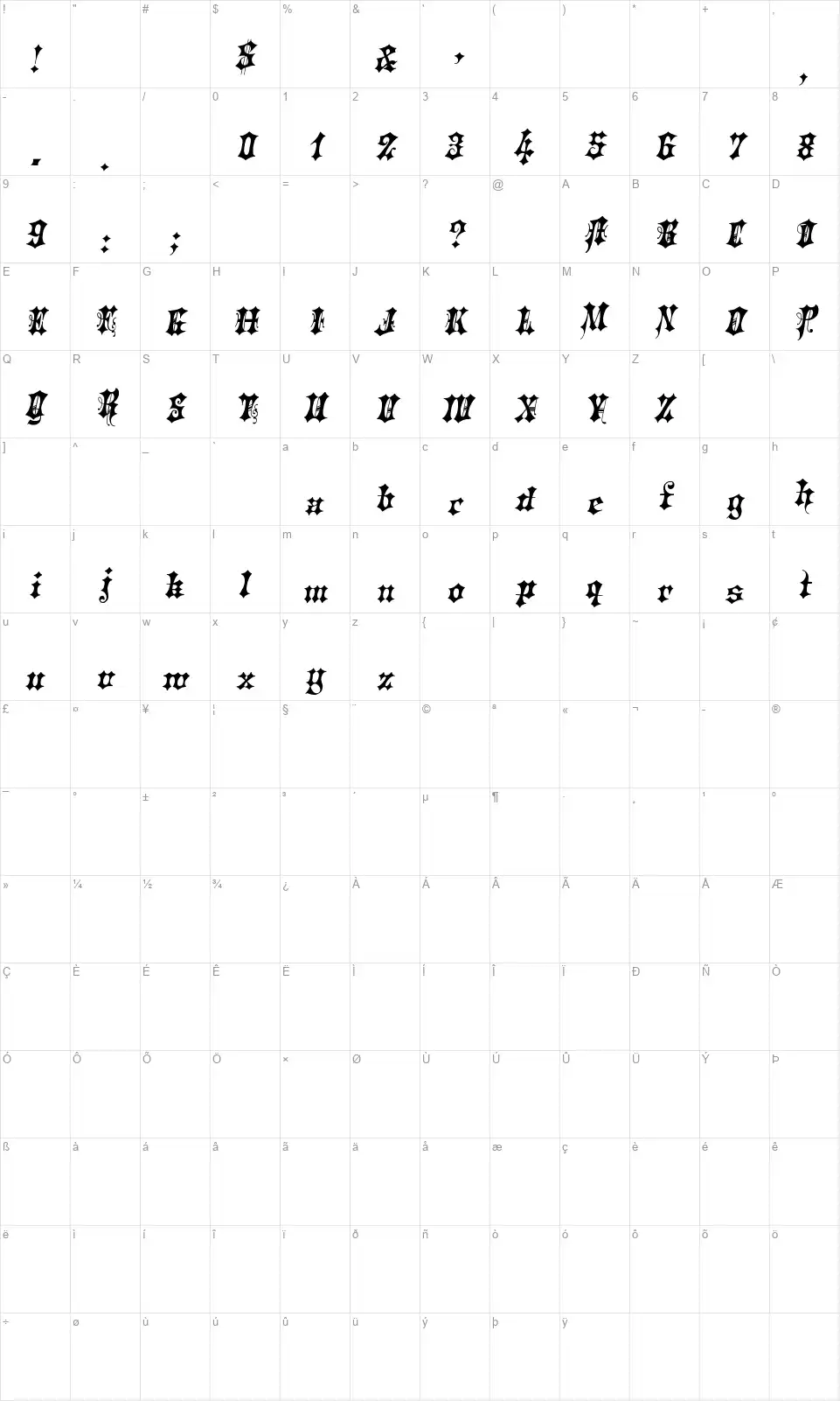 Sloping Black, No. 538font character map