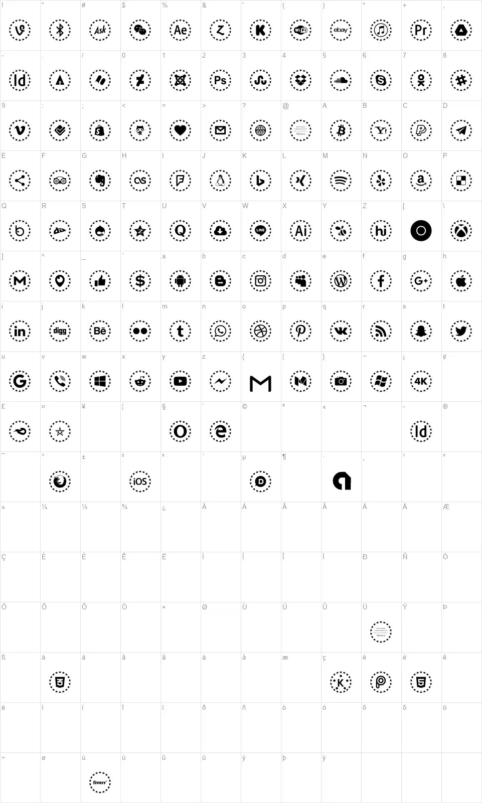 Social Networks Colorsfont character map