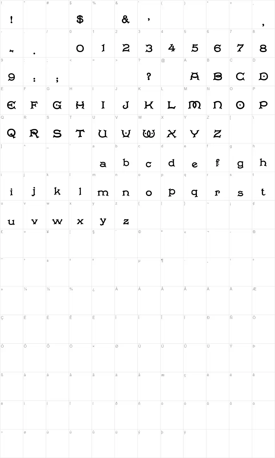 Solo's Bowl Karakter haritası Solo's Bowlfont character map