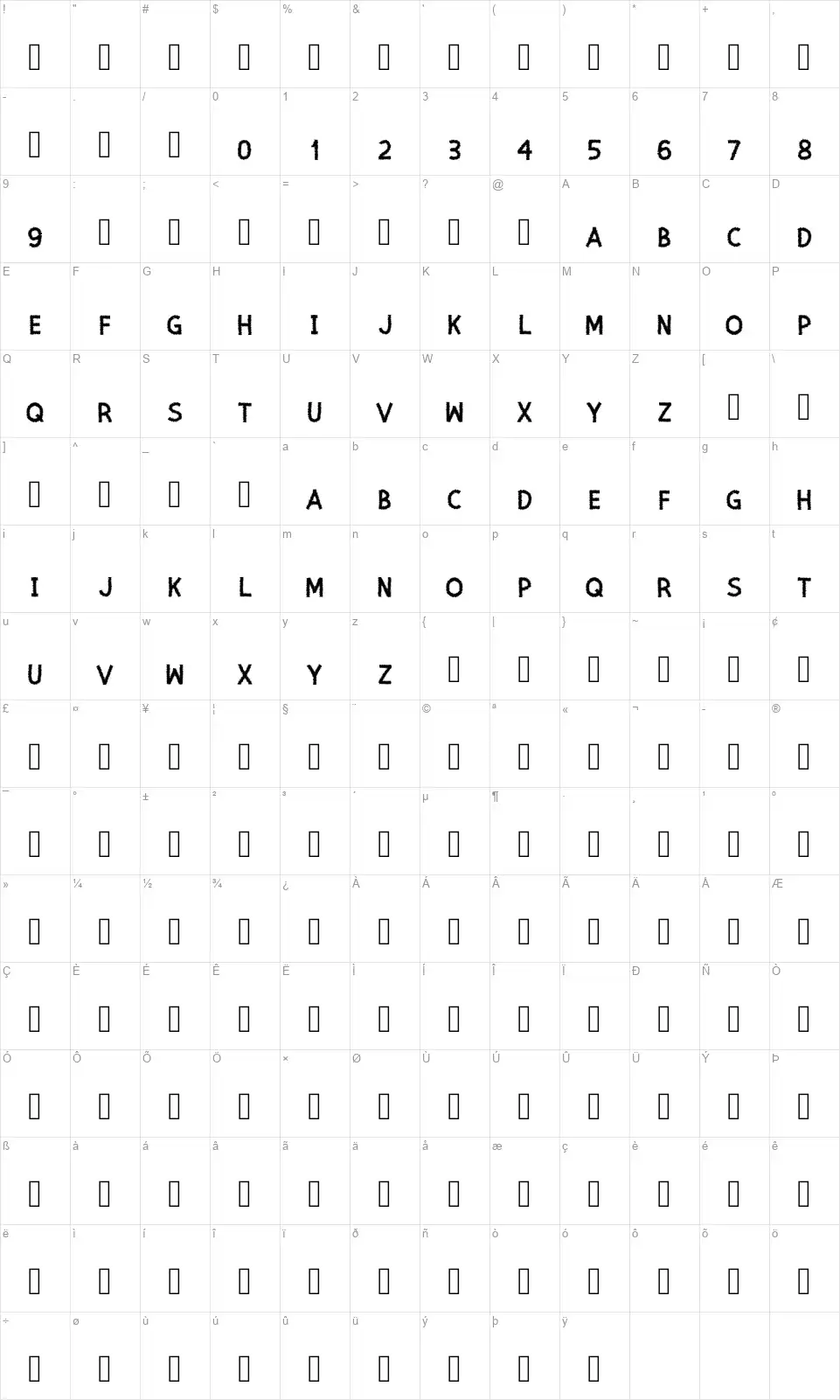 Spinefont character map