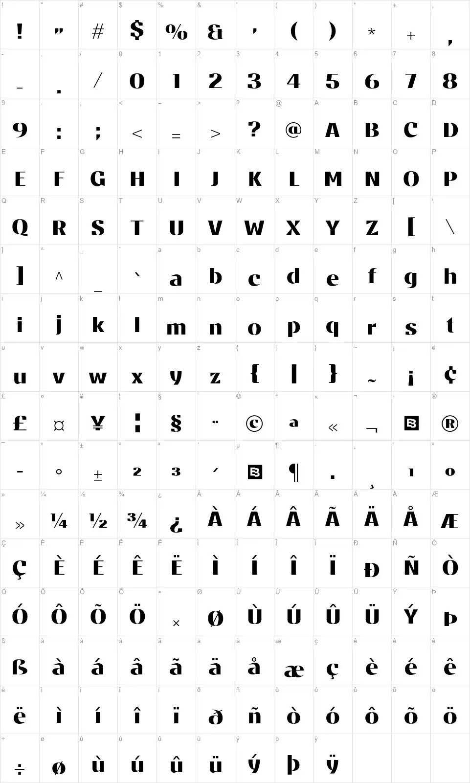 Stannumfont character map